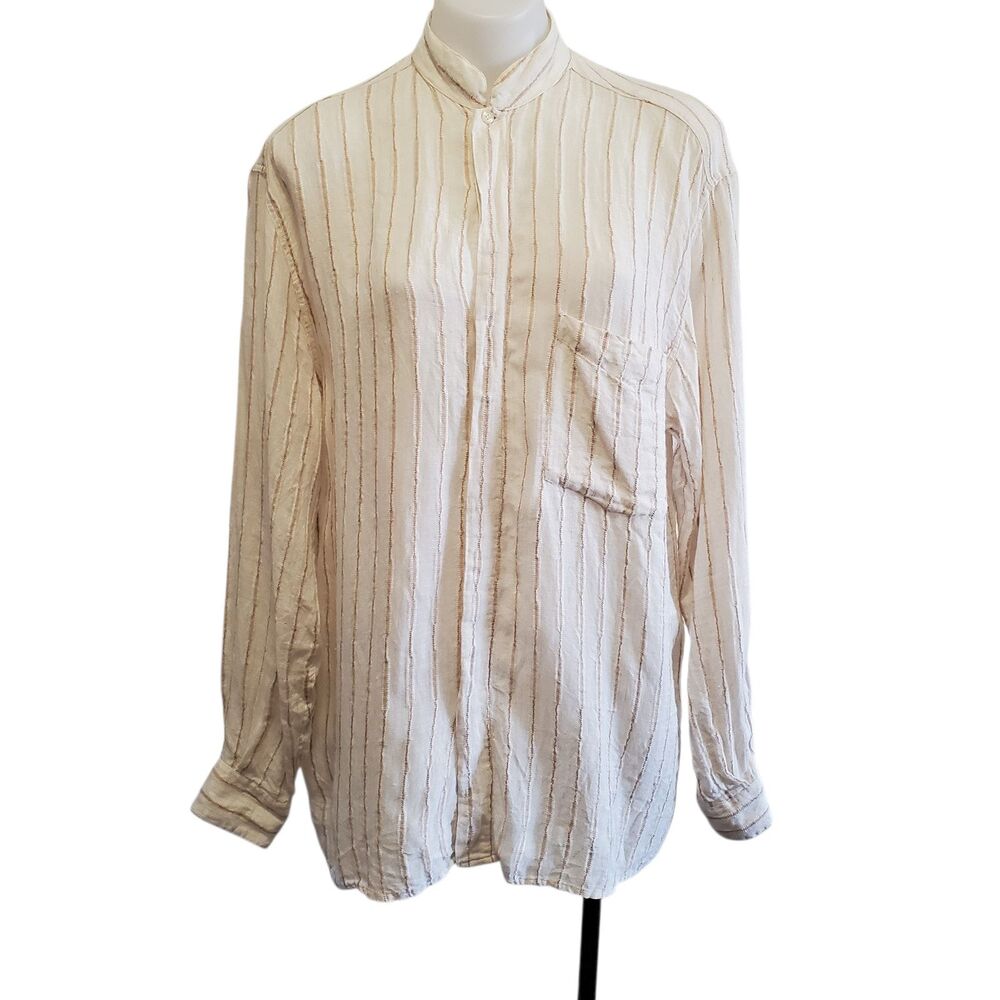 Equilibrio Italy 100% Linen Stripe Minimalist Shirt Oversized Med Beige Capsule